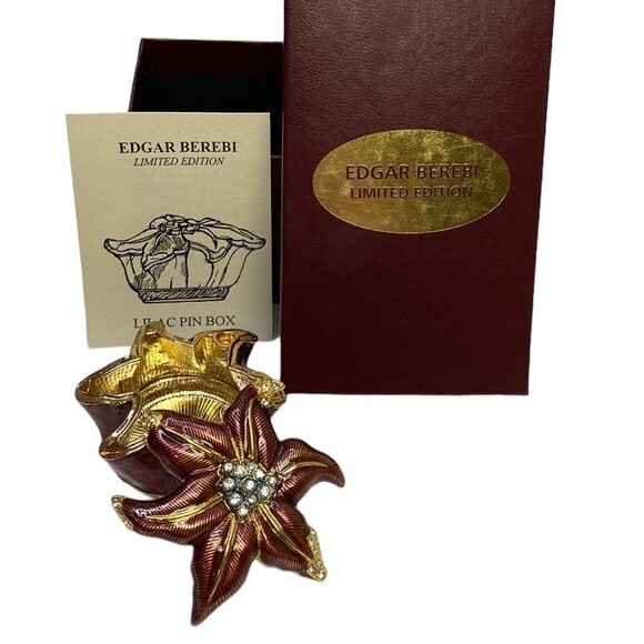 Edgar Berebi Limited Edition Enamel Lilac Pin Trinket Box & Brooch Poinssettia - Picture 1 of 11